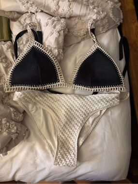 Black & Cream Crochet Trim Triangle Bikini Set
